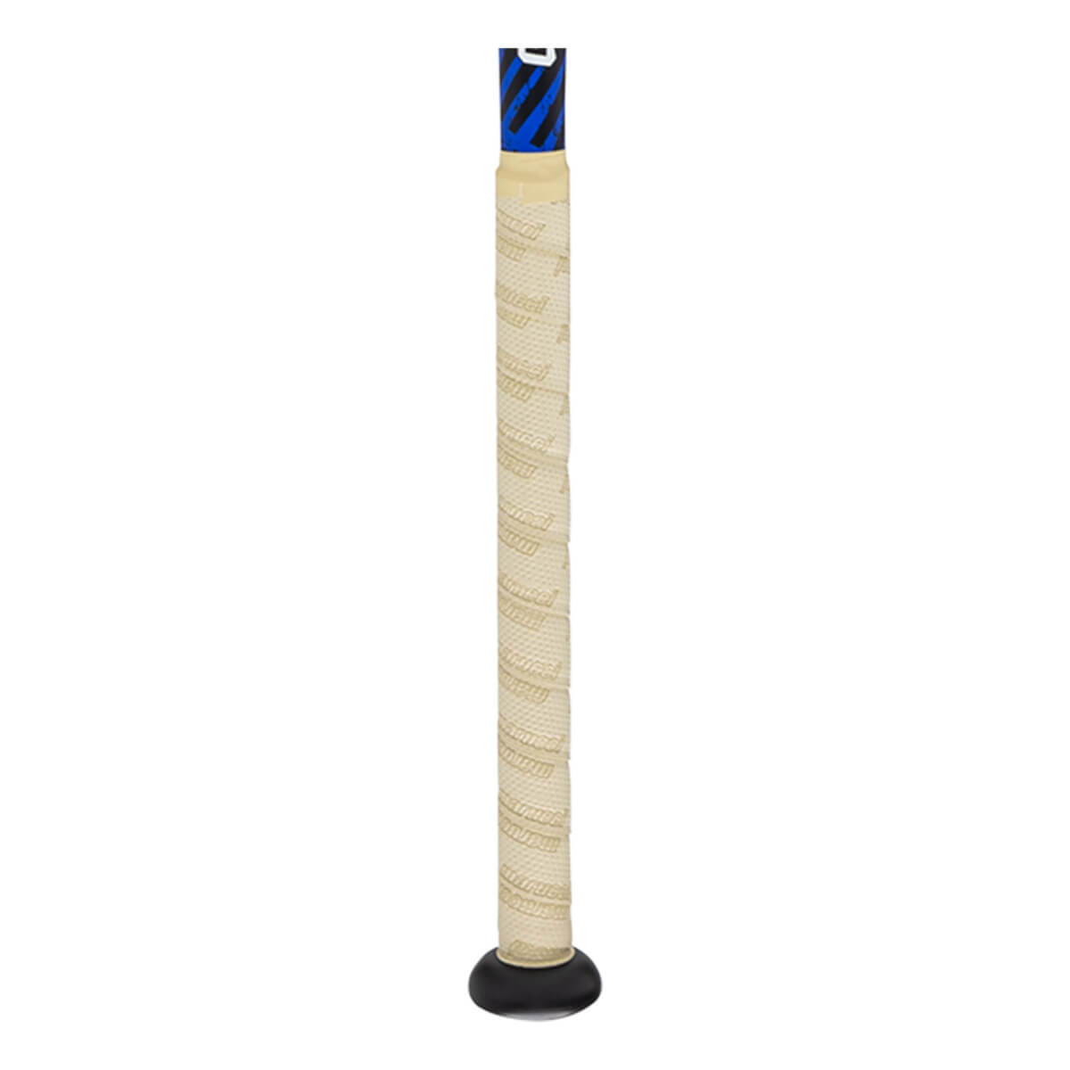 Close-up of the handle showing the textured grip and blue and black striped top.