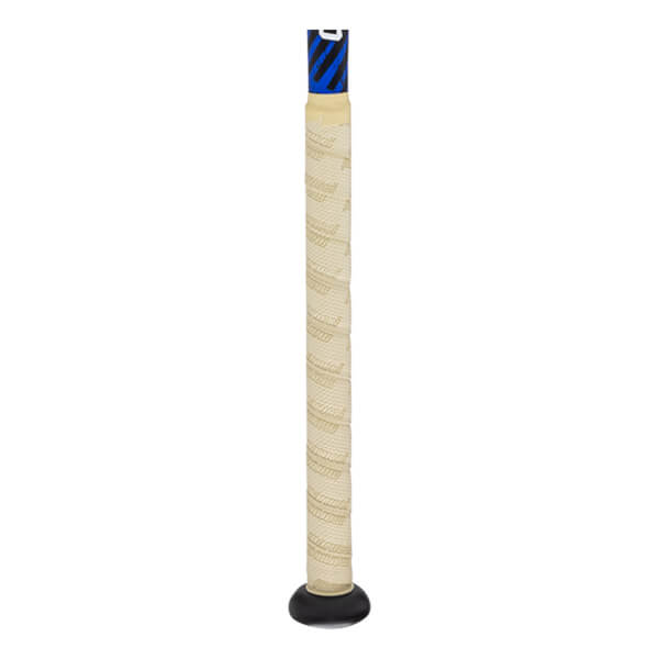 Close-up of the handle showing the textured grip and blue and black striped top.