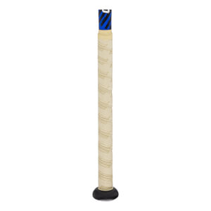 Close-up of the handle showing the textured grip and blue and black striped top.