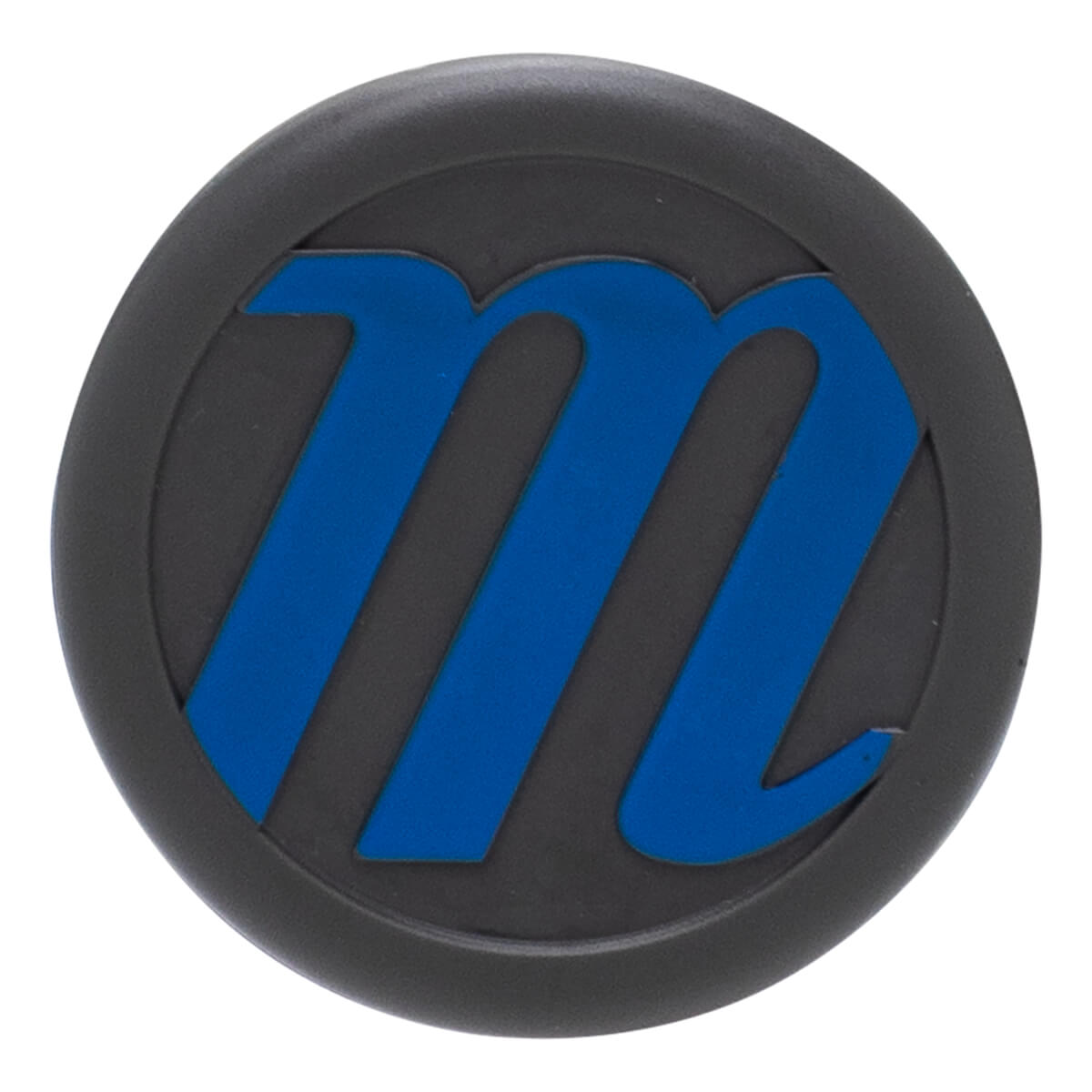 Top-down view of a dark gray circular cap with a raised blue "m" logo.