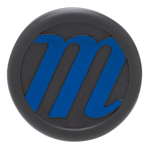 Top-down view of a dark gray circular cap with a raised blue "m" logo.
