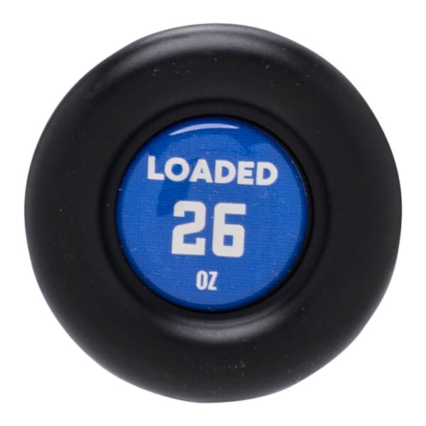 Top-down view of a black knob with a blue circular insert showing "LOADED 26 OZ".