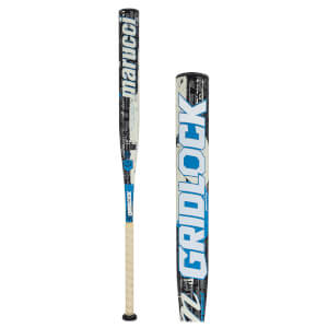 Side view of a Marucci baseball bat with "GRIDLOCK" in large blue and white letters and a black and white graphic pattern.