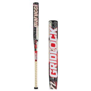 Side view of a Marucci baseball bat with "GRIDLOCK" in large red and white letters and a black, white, and red distressed graphic design.
