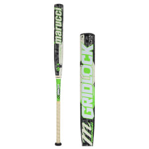 Side view of a Marucci baseball bat with "GRIDLOCK" in large green letters and a textured grip.
