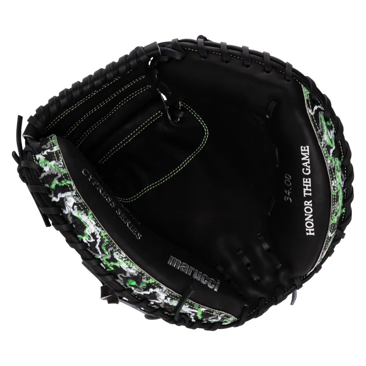 Open palm view of a black Marucci Cypress Series catcher's mitt featuring green stitching, camo accents, and the text "Marucci" and "Honor the Game."