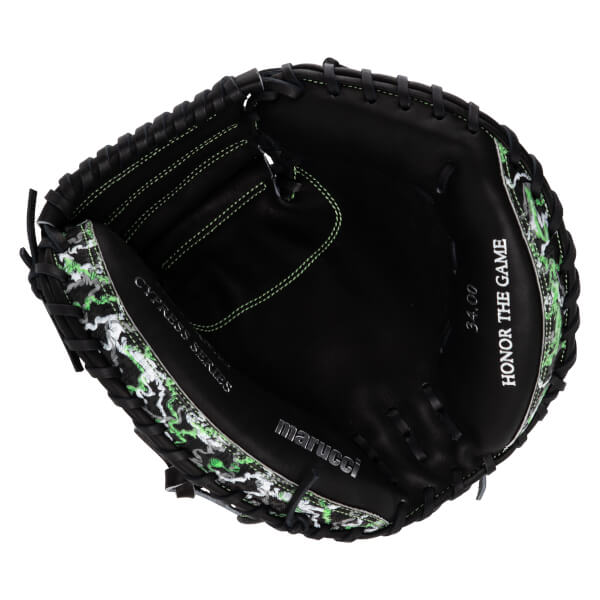 Open palm view of a black Marucci Cypress Series catcher's mitt featuring green stitching, camo accents, and the text "Marucci" and "Honor the Game."