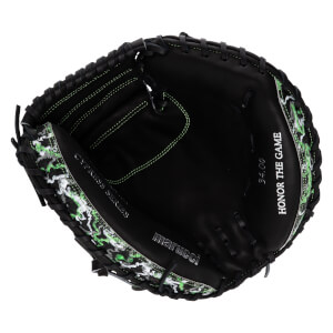 Open palm view of a black Marucci Cypress Series catcher's mitt featuring green stitching, camo accents, and the text "Marucci" and "Honor the Game."