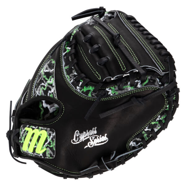 Back view of a black catcher's mitt with neon green stitching, camo patterns, white "Cypress Series" script, and a neon green "M" logo.