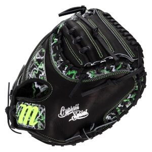 Back view of a black catcher's mitt with neon green stitching, camo patterns, white "Cypress Series" script, and a neon green "M" logo.
