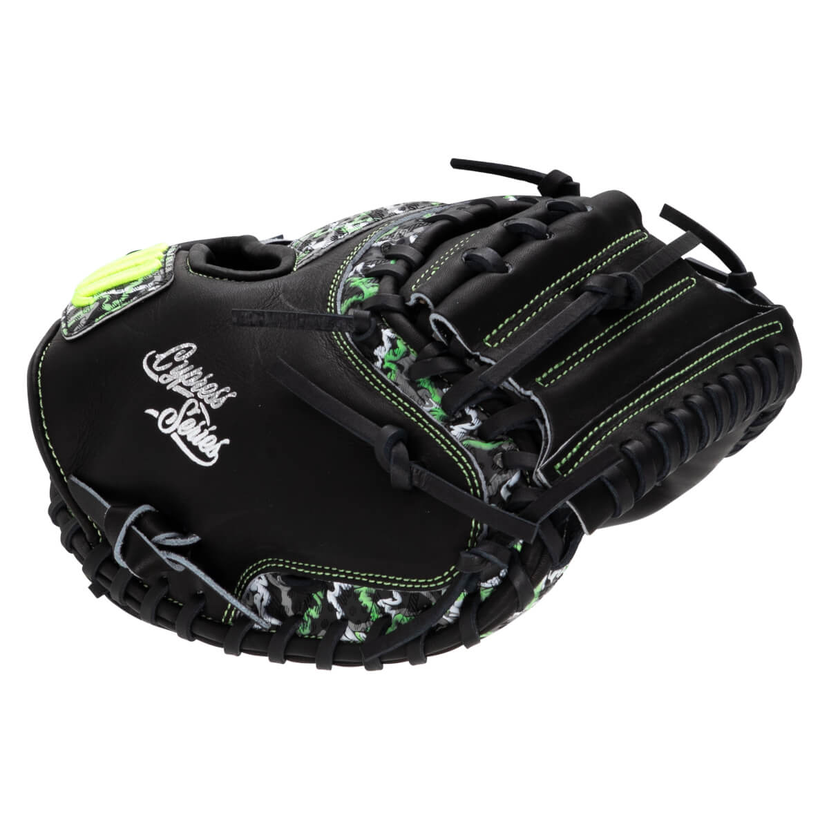Rear angle view of a black catcher's mitt featuring neon green stitching, green camo accents, and white script reading "Cypress Series" on the side.