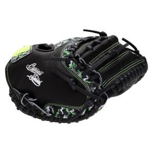 Rear angle view of a black catcher's mitt featuring neon green stitching, green camo accents, and white script reading "Cypress Series" on the side.