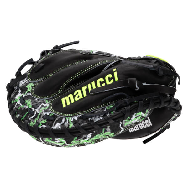 Back view of a black Marucci catcher's mitt featuring a neon green and white lizard skin pattern and the word marucci in bold neon green.