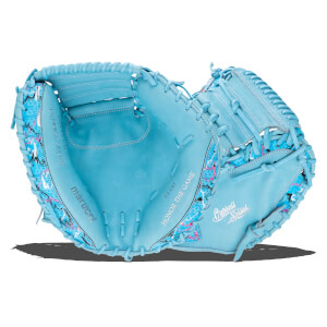 Front view of a light blue Marucci catchers mitt featuring "CYPRESS SERIES", "marucci", "34.00", "HONOR THE GAME", and "Cypress Series" branding.