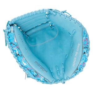 Inside view of a light blue Marucci catcher's mitt with "Cypress Series" and "HONOR THE GAME" text visible, and patterned accents.