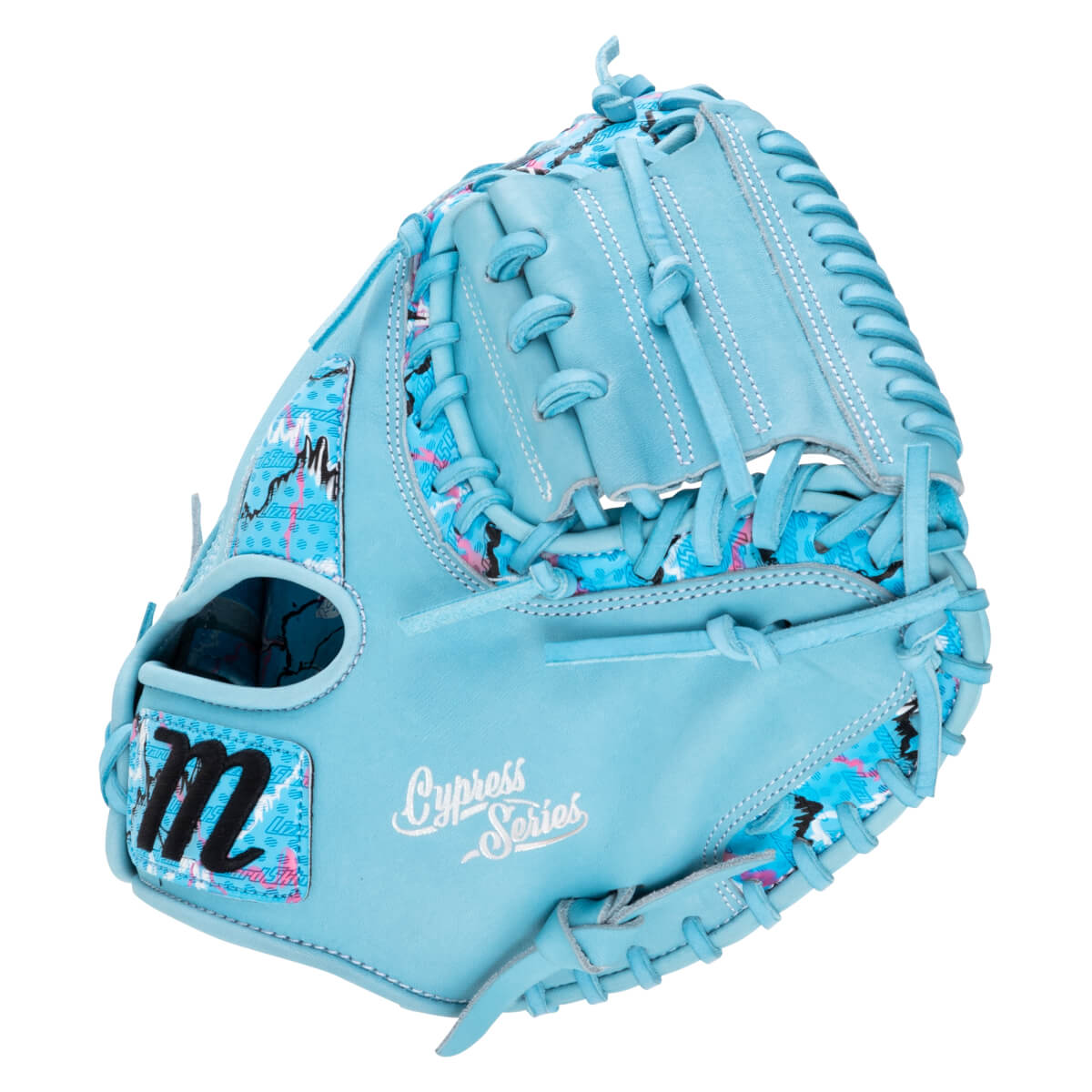 Front view of a light blue Marucci catcher's mitt with a patterned interior, black "M" logo, and "Cypress Series" text.