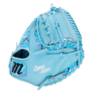 Front view of a light blue Marucci catcher's mitt with a patterned interior, black "M" logo, and "Cypress Series" text.