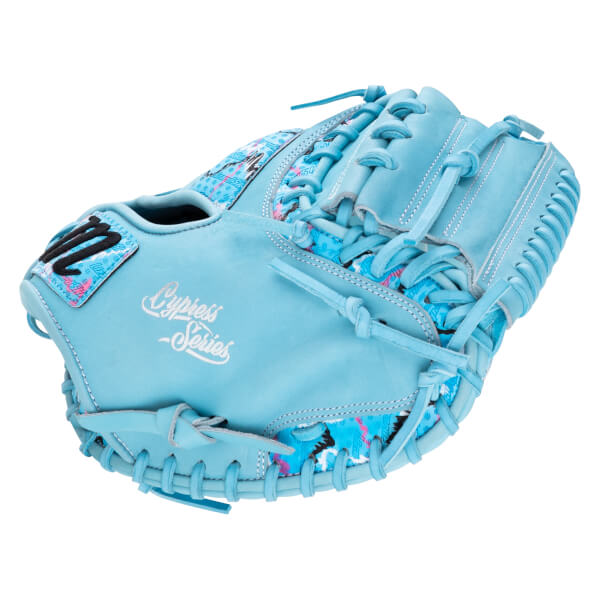 Three-quarter view of a light blue Marucci catcher's mitt with "Cypress Series" and "LZ" branding and a colorful patterned interior.