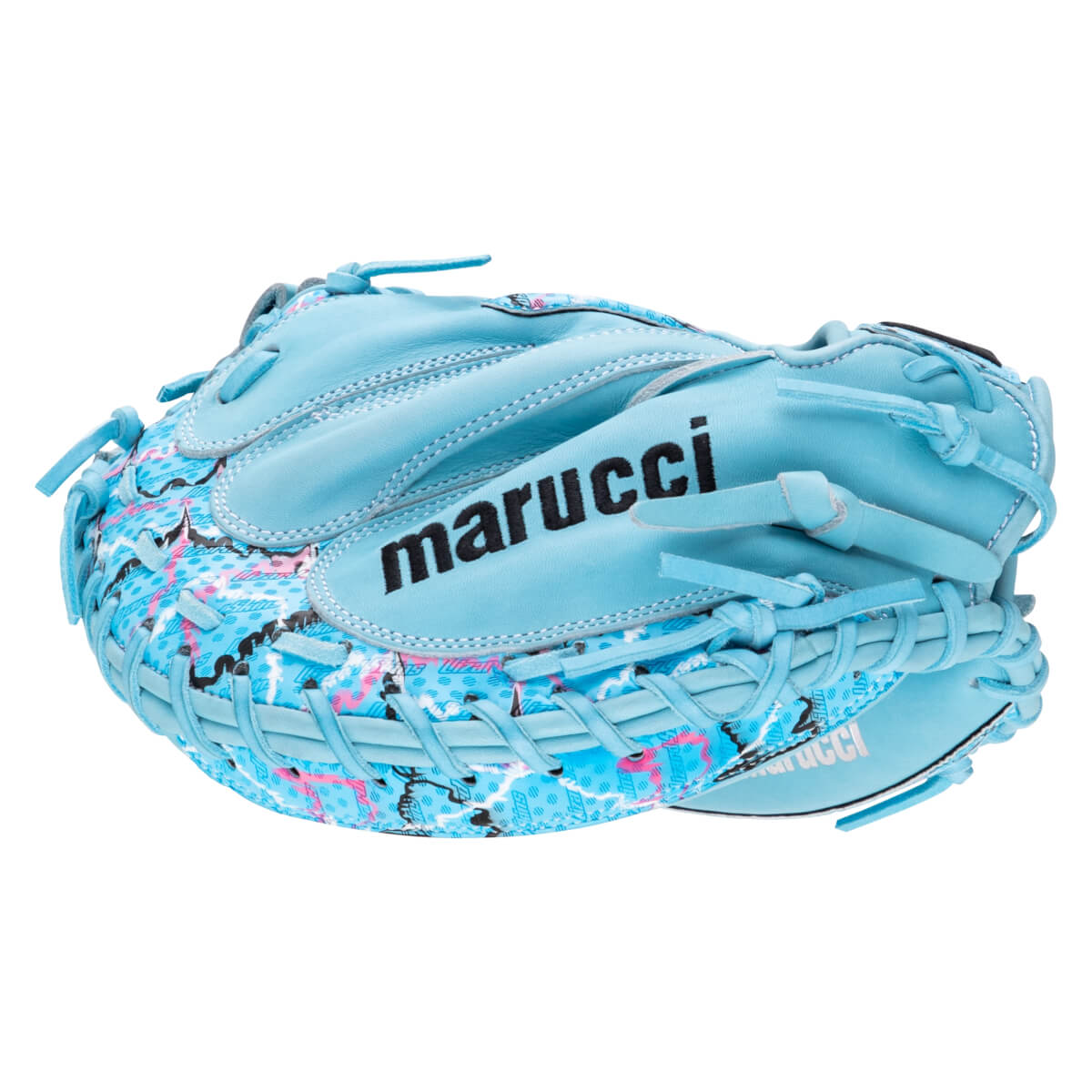 Side view of a light blue Marucci catcher's mitt with a pink and white patterned design and the Marucci logo visible.