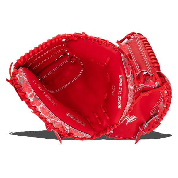 Front view of a red catcher's mitt featuring white stitching, grey patterned edges, and "CYPRESS SERIES," "marucci," and "HONOR THE GAME" text on the palm.