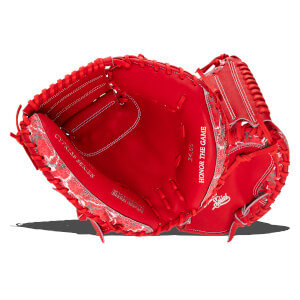 Front view of a red catcher's mitt featuring white stitching, grey patterned edges, and "CYPRESS SERIES," "marucci," and "HONOR THE GAME" text on the palm.