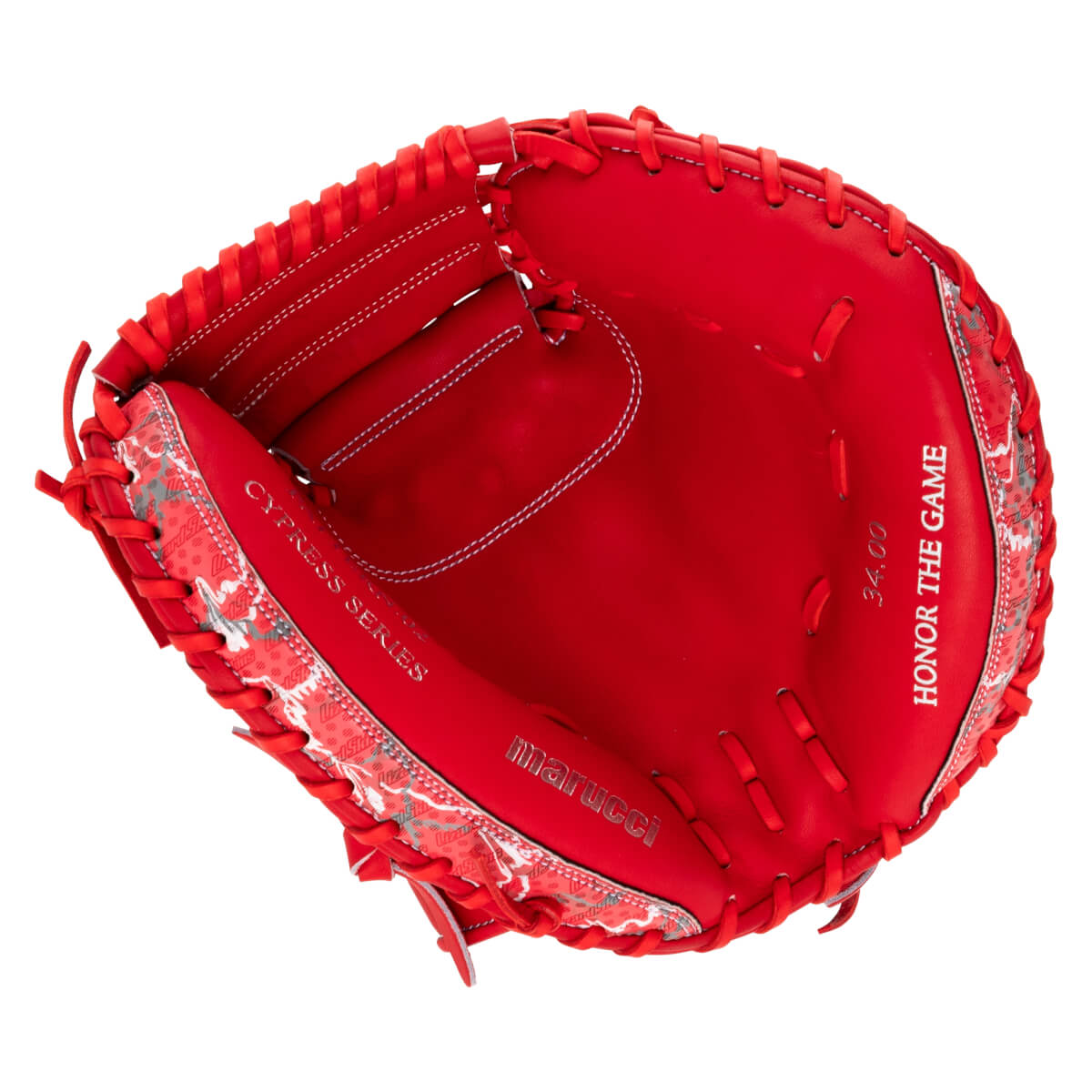 Top-down view of the open red leather palm featuring white "CYPRESS SERIES" and "HONOR THE GAME" text with a gray and white patterned trim.