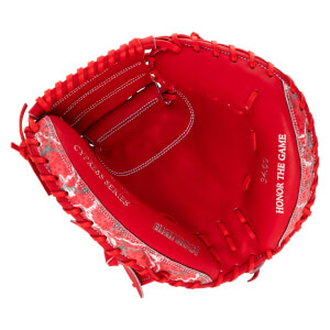 Top-down view of the open red leather palm featuring white "CYPRESS SERIES" and "HONOR THE GAME" text with a gray and white patterned trim.
