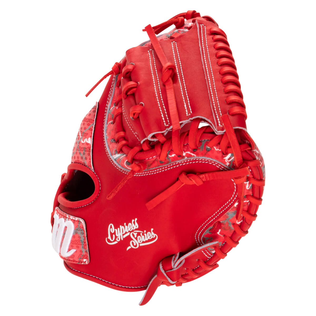 Outer back view of a red catcher's mitt featuring white "Cypress Series" script, a white "M" logo on the wrist, and grey patterned accents along the edges.