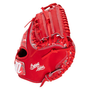 Outer back view of a red catcher's mitt featuring white "Cypress Series" script, a white "M" logo on the wrist, and grey patterned accents along the edges.