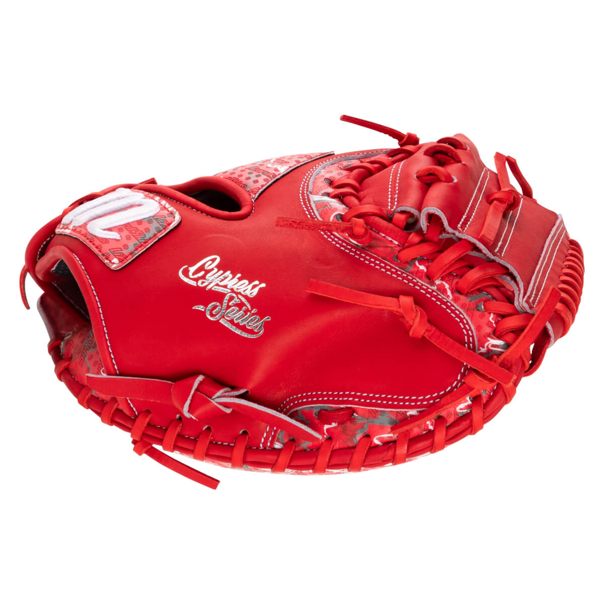 Back view of the red leather catcher's mitt featuring "Cypress Series" in white script and a patterned white "M" logo on the wrist strap.