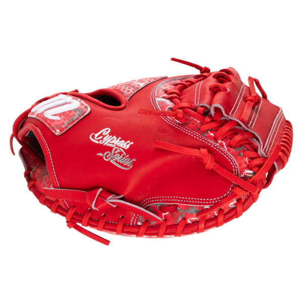 Back view of the red leather catcher's mitt featuring "Cypress Series" in white script and a patterned white "M" logo on the wrist strap.
