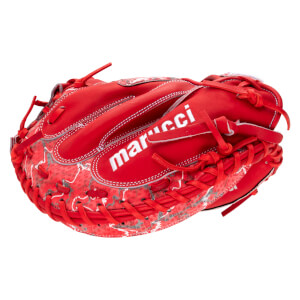 Back view of a red catcher’s mitt featuring the white "marucci" logo across a textured red and gray patterned shell with thick leather lacing.