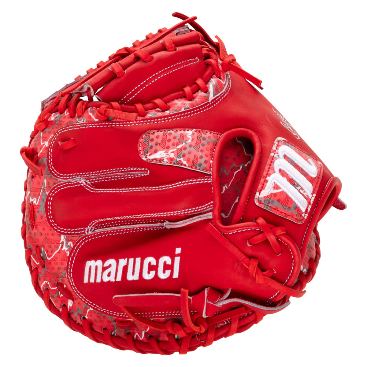 Back view of the red catcher's mitt featuring white marucci and M logos with light gray Lizard Skins patterned accents throughout the shell.