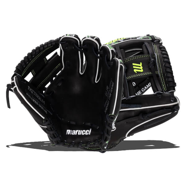 Front view of a black Marucci baseball glove with white stitching, "HONOR THE GAME" text, and a neon green "m" logo.
