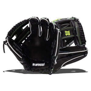 Front view of a black Marucci baseball glove with white stitching, "HONOR THE GAME" text, and a neon green "m" logo.