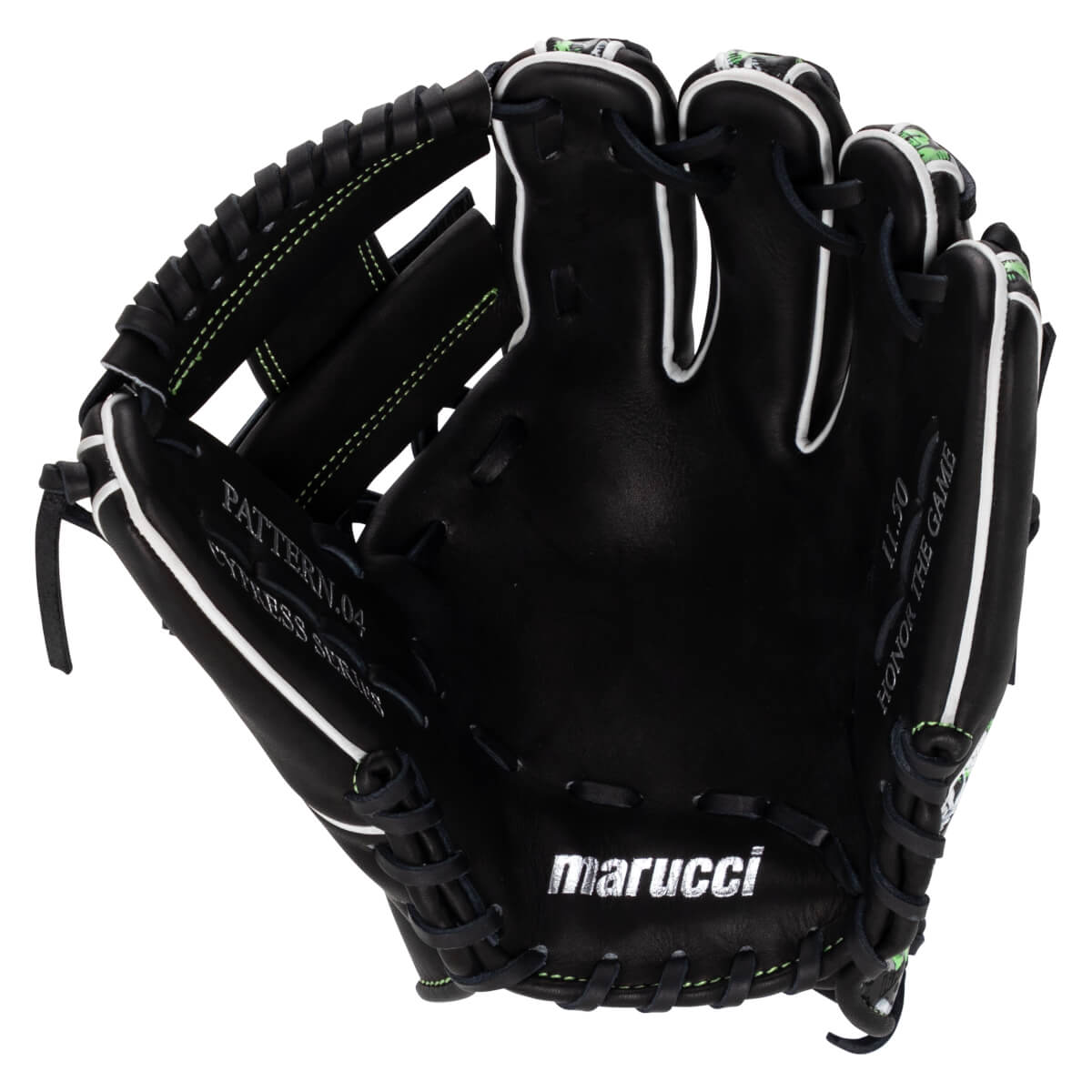 Palm view of a black leather baseball glove featuring white piping, lime green stitching, and the silver "marucci" logo on the heel.
