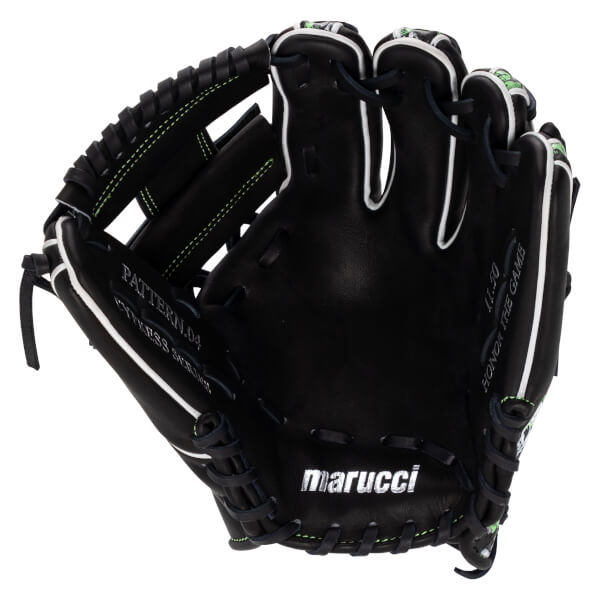 Palm view of a black leather baseball glove featuring white piping, lime green stitching, and the silver "marucci" logo on the heel.
