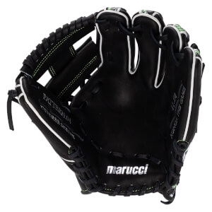 Palm view of a black leather baseball glove featuring white piping, lime green stitching, and the silver "marucci" logo on the heel.