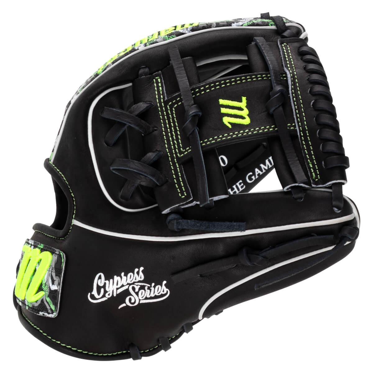 Back view of a black leather glove featuring neon green stitching, a neon green "M" logo, and the words "Cypress Series" in white script.