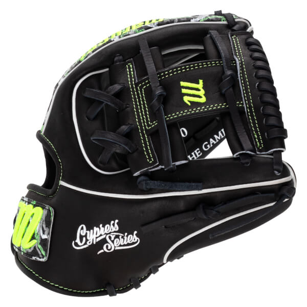 Back view of a black leather glove featuring neon green stitching, a neon green "M" logo, and the words "Cypress Series" in white script.