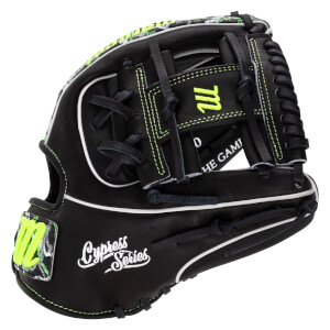 Back view of a black leather glove featuring neon green stitching, a neon green "M" logo, and the words "Cypress Series" in white script.