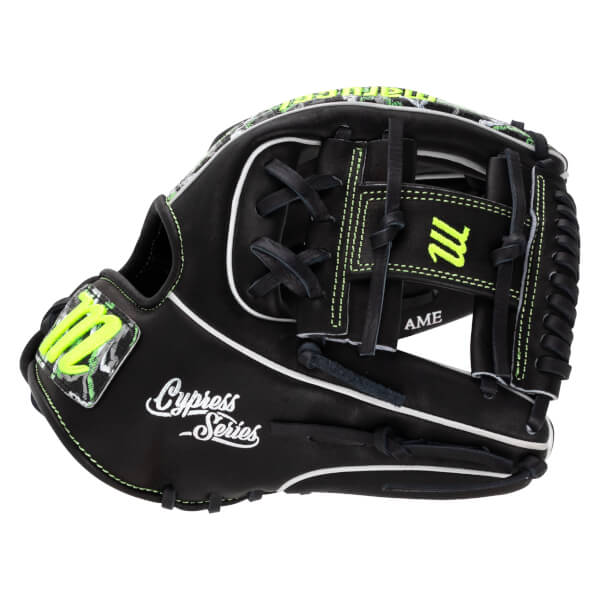 Side view of a black Marucci baseball glove with neon green stitching, a neon green M logo on the webbing, and "Cypress Series" written in white script.