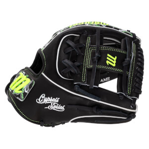 Side view of a black Marucci baseball glove with neon green stitching, a neon green M logo on the webbing, and "Cypress Series" written in white script.