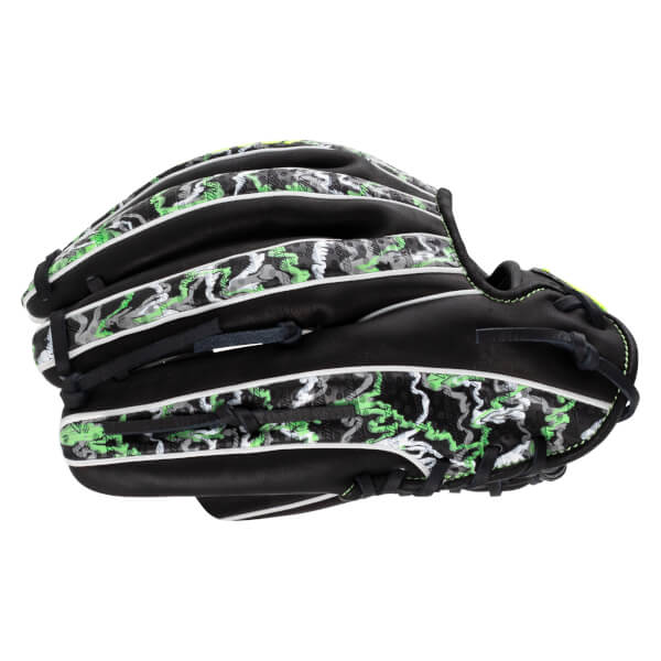 Back view of a black baseball glove featuring a green, gray, and white camo pattern on the finger backs and shell, accented with white piping.