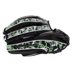 Back view of a black baseball glove featuring a green, gray, and white camo pattern on the finger backs and shell, accented with white piping.