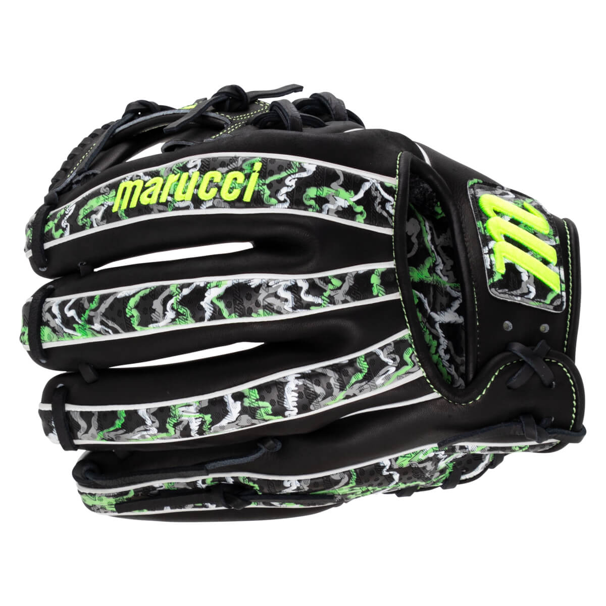 Back view of a black baseball glove featuring green camo patterns, neon green stitching, the word marucci on a finger, and an M logo on the wrist strap.