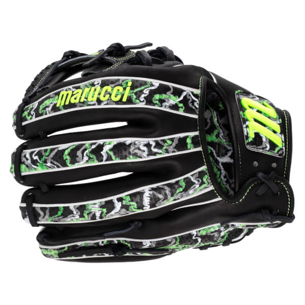 Back view of a black baseball glove featuring green camo patterns, neon green stitching, the word marucci on a finger, and an M logo on the wrist strap.