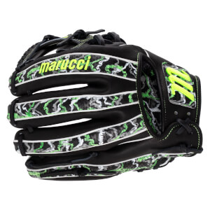 Back view of a black baseball glove featuring green camo patterns, neon green stitching, the word marucci on a finger, and an M logo on the wrist strap.