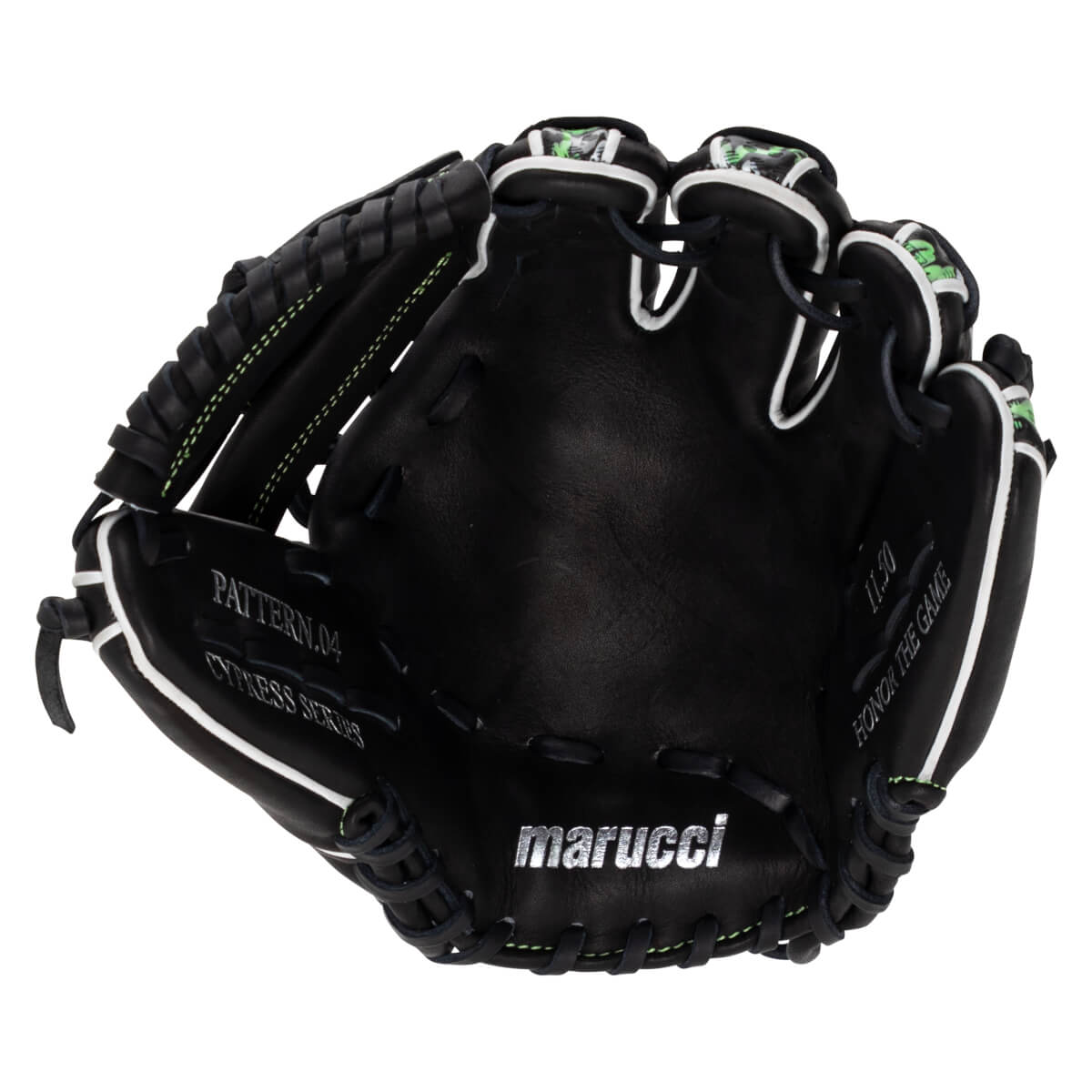 Inside palm view of a black leather glove with white piping and green stitching, with "marucci", "CYPRESS SERIES", and "HONOR THE GAME" visible in silver lettering.