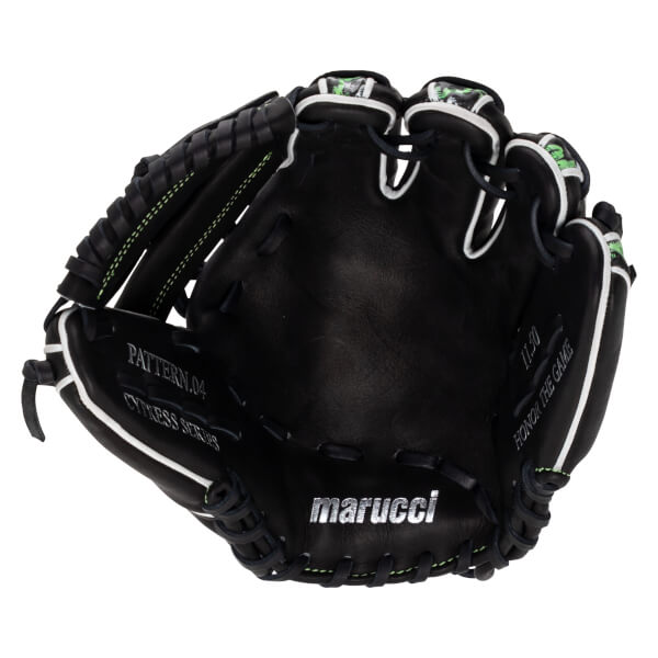 Inside palm view of a black leather glove with white piping and green stitching, with "marucci", "CYPRESS SERIES", and "HONOR THE GAME" visible in silver lettering.